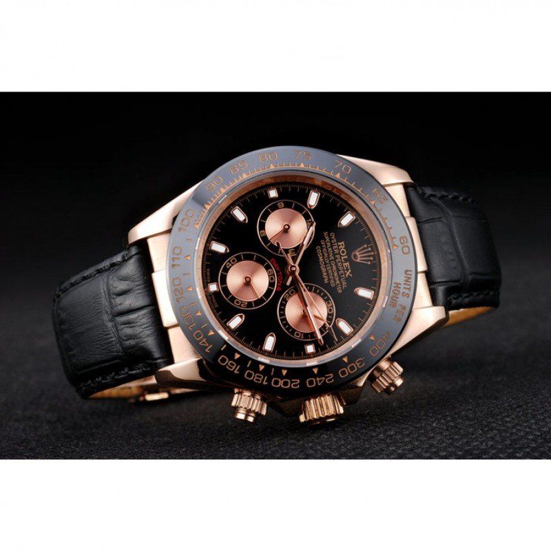 Rolex Daytona Rose Gold Case Black Dial Black Leather Strap